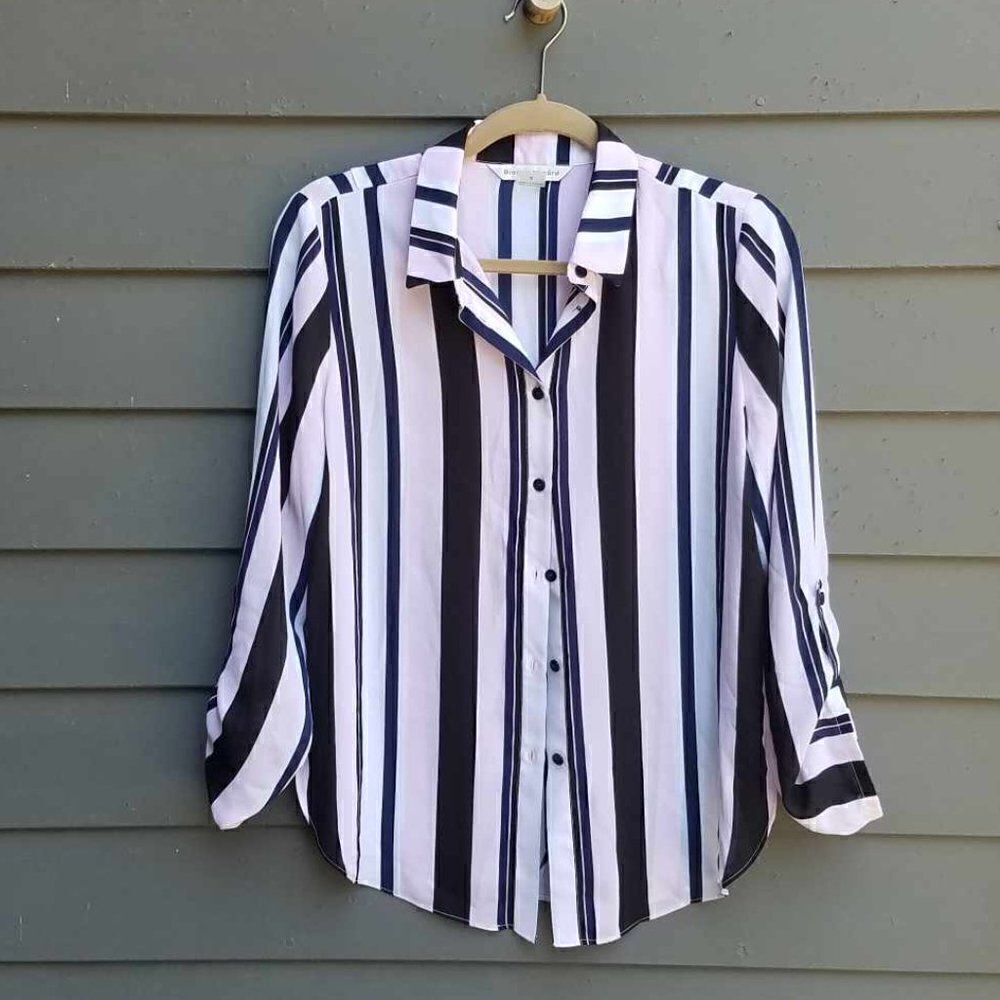Bianca Nygard Black white Pink Stripe Poly Button Down size Small